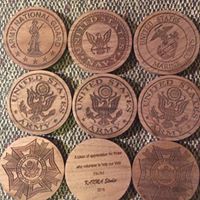 Laser Engraved Wood Challenge Coins supplied at time of request.